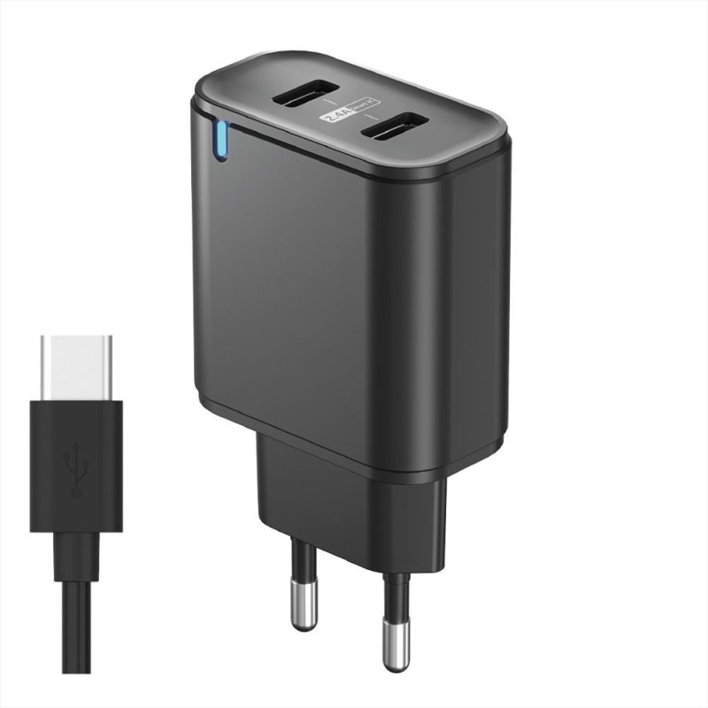Сетевое зарядное устройство Olmio USBx2, 2.4A, +Type-C кабель, Smart IC, black